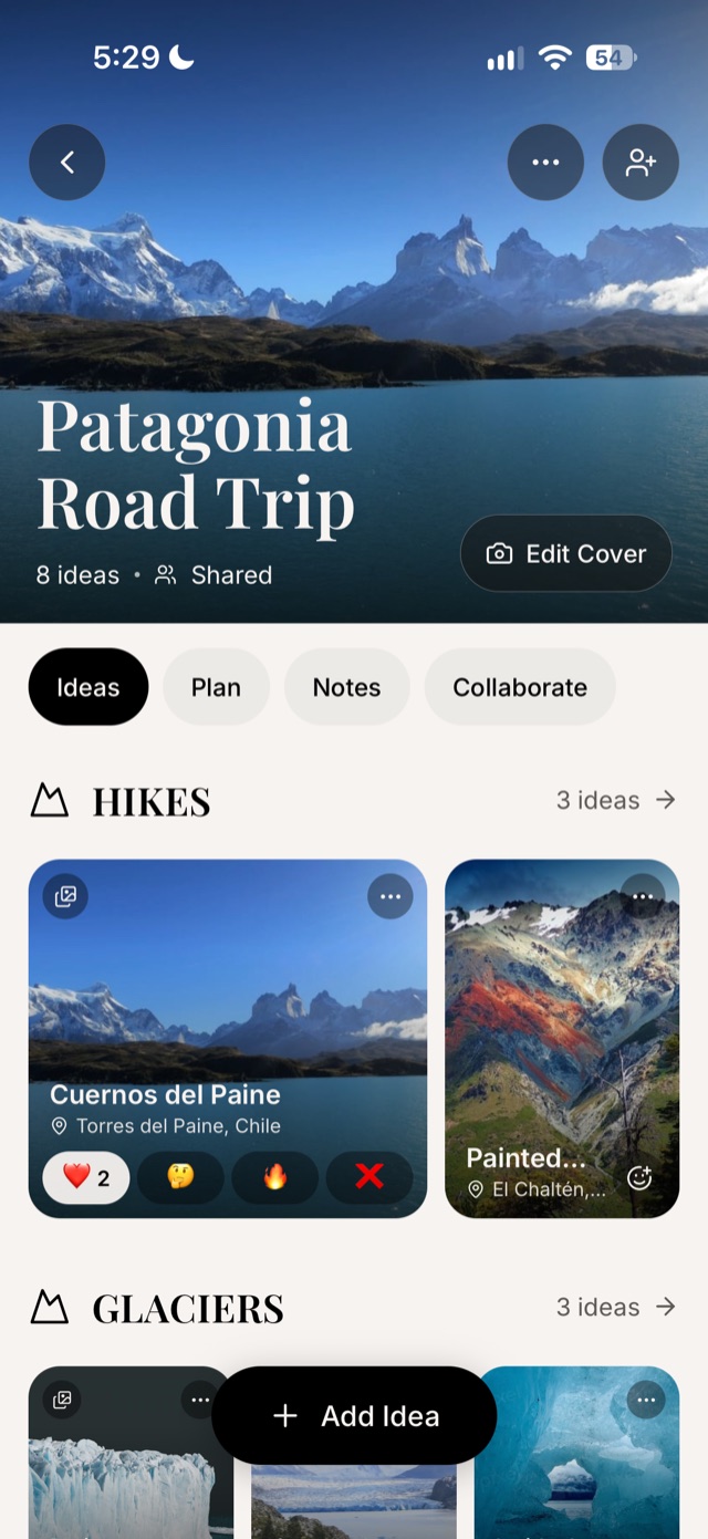 Inside the Patagonia Road Trip Dreamboard with Ideas, Plan, Notes and Collaborate tabs, hike ideas with reactions, and an Add Idea button