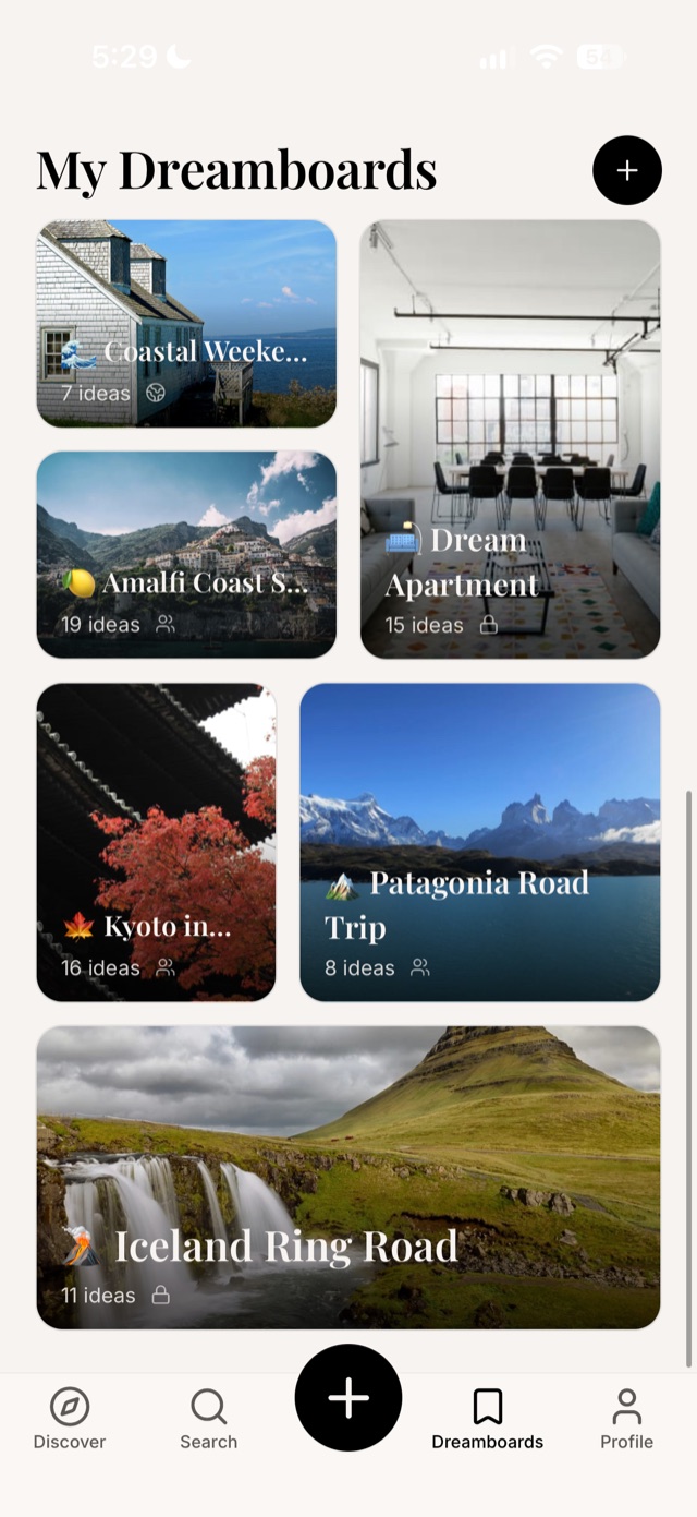 The My Dreamboards screen: photo cards for Coastal Weekend, Dream Apartment, Amalfi Coast, Kyoto, Patagonia Road Trip and Iceland Ring Road