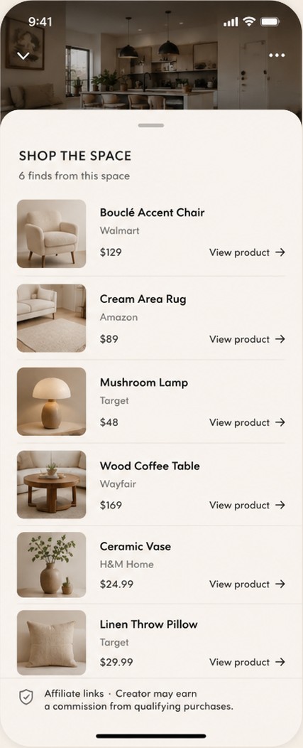 Shop the Space drawer expanded to show six products with prices and retailers