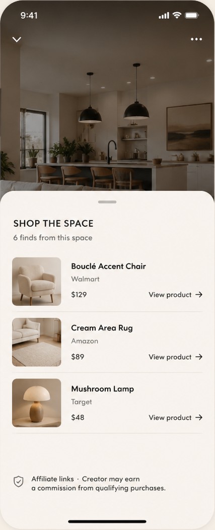Shop the Space drawer sliding up over the video, listing three products