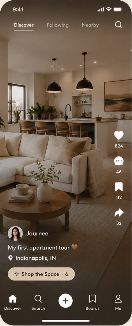 Cahsai video of a first apartment tour in Indianapolis with a Shop the Space button